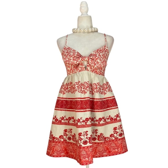 Alice + Olivia Linen Melvina Mini Dress Tie Front Block Print Red Antique White - Picture 1 of 16